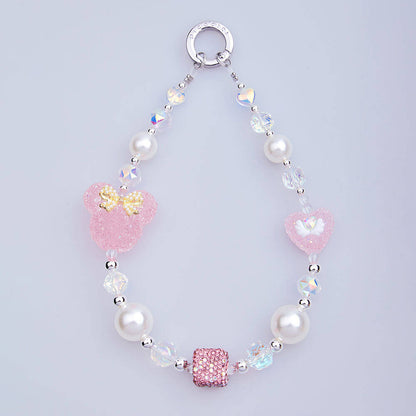 Picocici İnci Taş Tasarımlı Fiyonklu Minnie Mouse Telefon Bilek Askı İpi Pembe