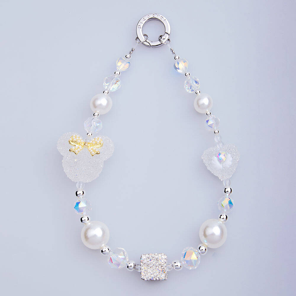 Picocici İnci Taş Tasarımlı Fiyonklu Minnie Mouse Telefon Bilek Askı İpi Beyaz