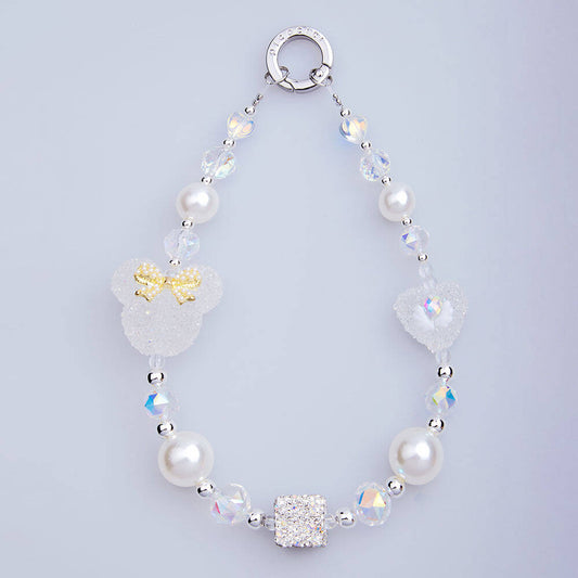 Picocici İnci Taş Tasarımlı Fiyonklu Minnie Mouse Telefon Bilek Askı İpi Beyaz