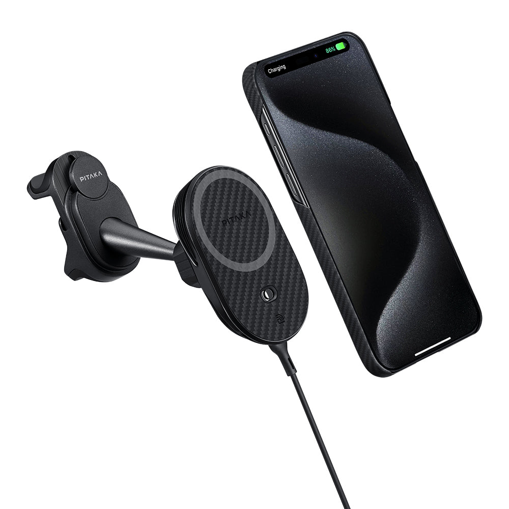 Pitaka MagEZ Pro 2 M-safe Şarj Özellikli Qi2 Tesla Model Y ve Model 3 Uyumlu Aramid Fiber Araç Telefon Tutucu Siyah
