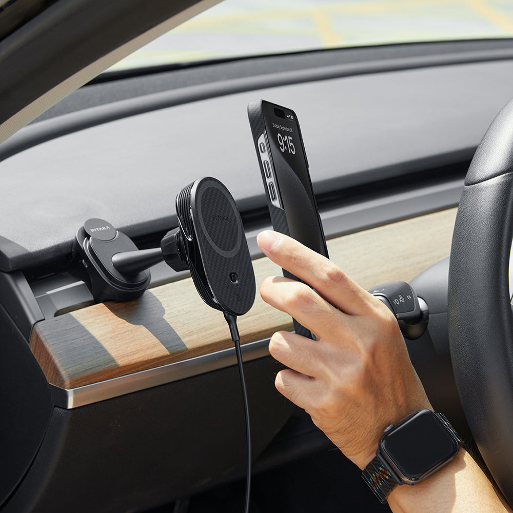 Pitaka MagEZ Pro 2 M-safe Şarj Özellikli Qi2 Tesla Model Y ve Model 3 Uyumlu Aramid Fiber Araç Telefon Tutucu Siyah