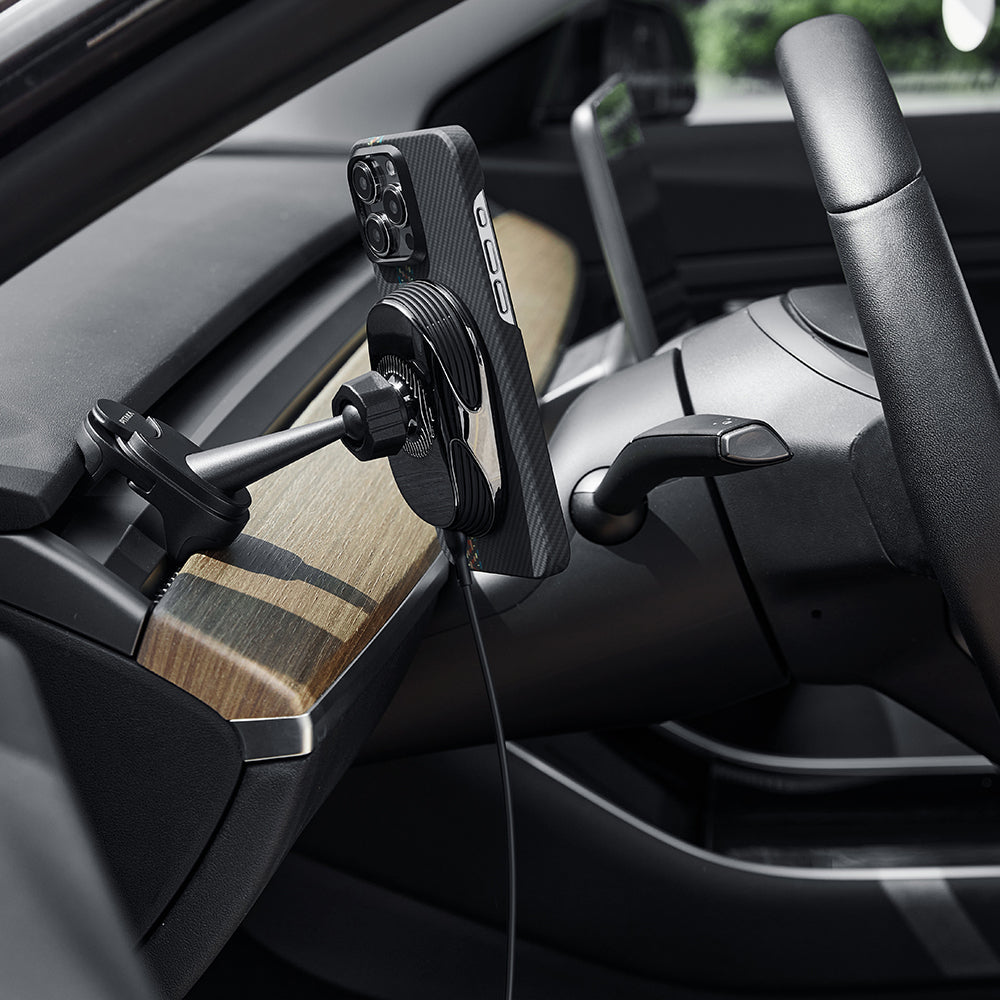 Pitaka MagEZ Pro 2 M-safe Şarj Özellikli Qi2 Tesla Model Y ve Model 3 Uyumlu Aramid Fiber Araç Telefon Tutucu Siyah