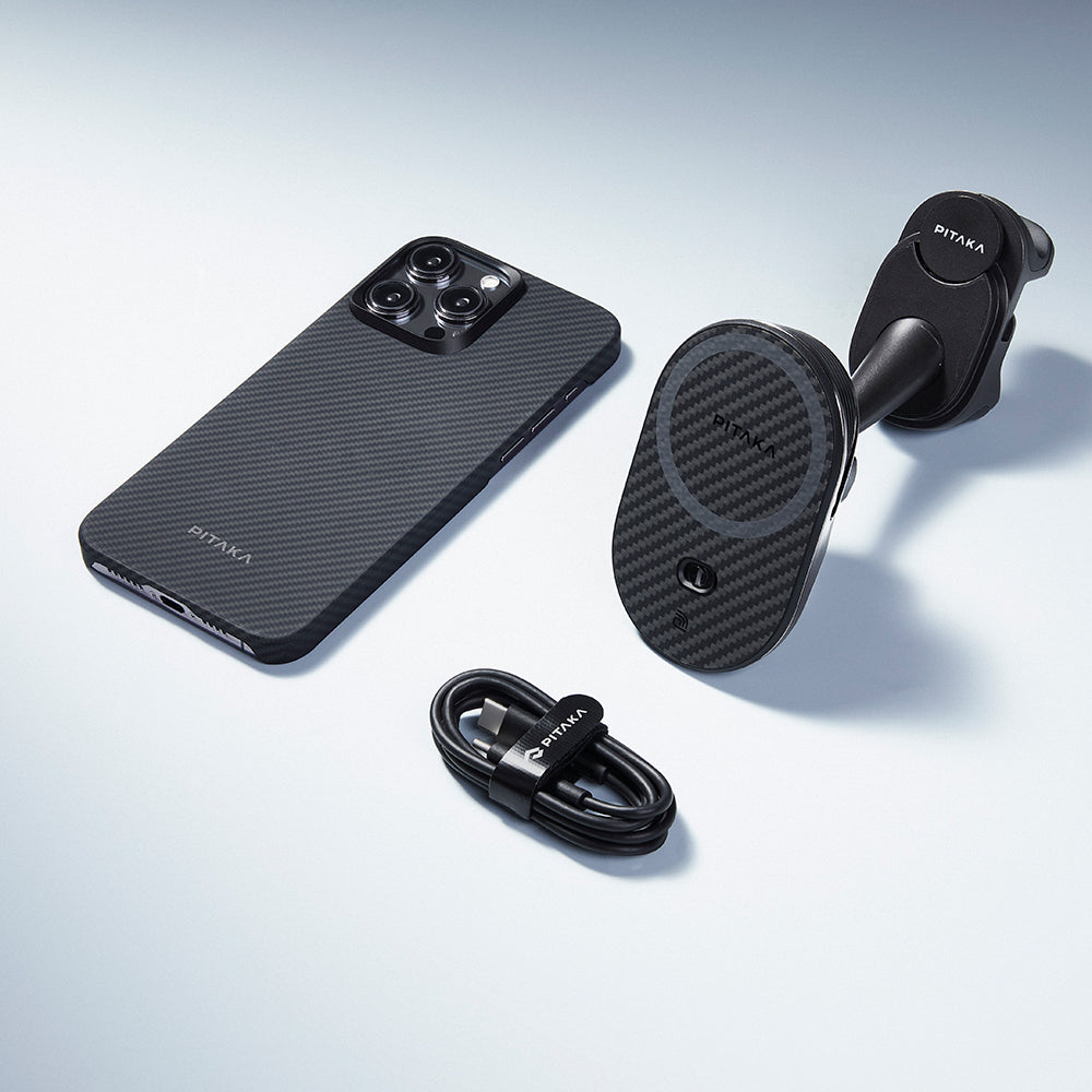 Pitaka MagEZ Pro 2 M-safe Şarj Özellikli Qi2 Tesla Model Y ve Model 3 Uyumlu Aramid Fiber Araç Telefon Tutucu Siyah