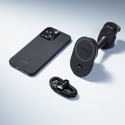 Pitaka MagEZ Pro 2 M-safe Şarj Özellikli Qi2 Tesla Model Y ve Model 3 Uyumlu Aramid Fiber Araç Telefon Tutucu Siyah