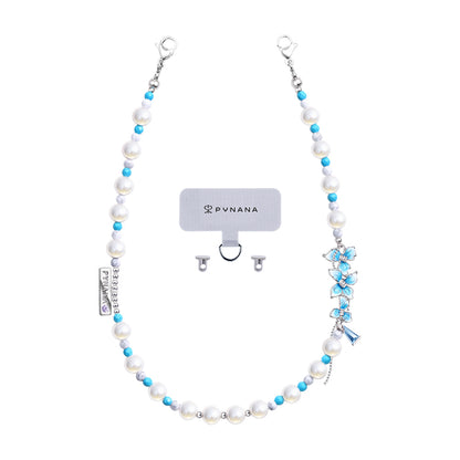Pynana BlueFlower Serisi İnci Taşlı Telefon Bilek Askı İpi Mavi-Beyaz