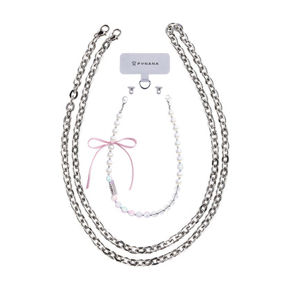 Pynana Charm Serisi 2 in 1 İnci Taşlı Telefon Boyun Askı İpi Pembe-Yeşil