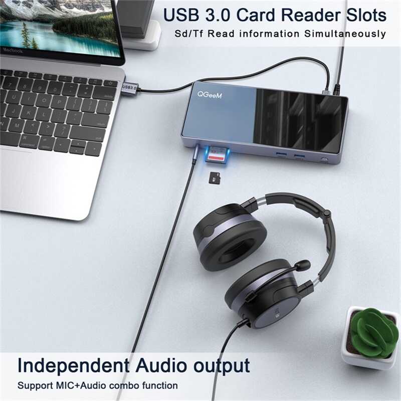 Qgeem QG-D6902 All in One Çoğaltıcı Type-C Hub Docking Station 4K-5K Displayport HDMI Destekli Siyah