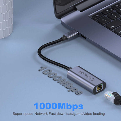 Qgeem QG-UA05 RJ45 to Type-C Süper Hızlı Ethernet Dönüştürücü Kablo 1000Mbps 11cm Siyah