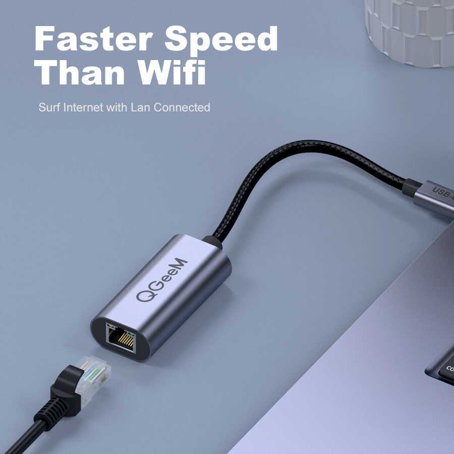 Qgeem QG-UA05 RJ45 to Type-C Süper Hızlı Ethernet Dönüştürücü Kablo 1000Mbps 11cm Siyah