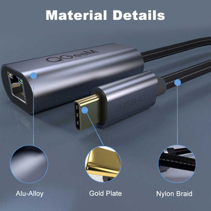 Qgeem QG-UA05 RJ45 to Type-C Süper Hızlı Ethernet Dönüştürücü Kablo 1000Mbps 11cm Siyah
