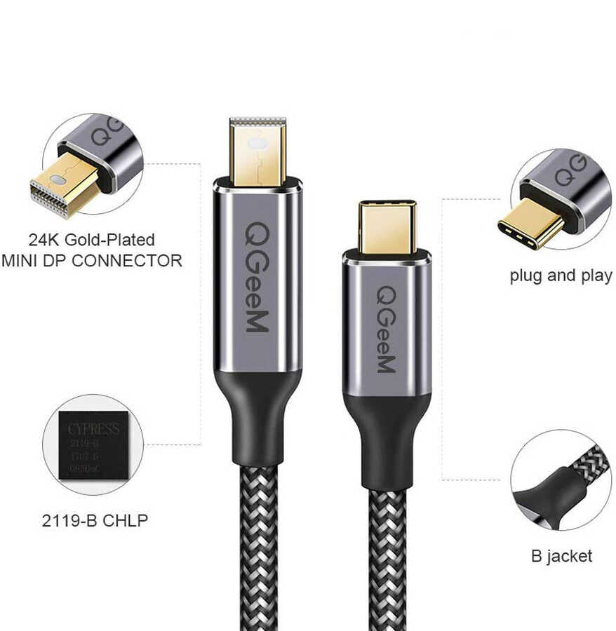 Qgeem QG-UA14 Type-C To Mini Display Port Kablo Siyah