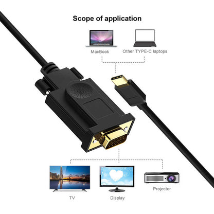 Qgeem QG-UA17 Type-C to VGA Adaptörü Yüksek Çözünürlüklü Dönüştürücü Kablo 1080p 60Hz 1.2 Metre Siyah