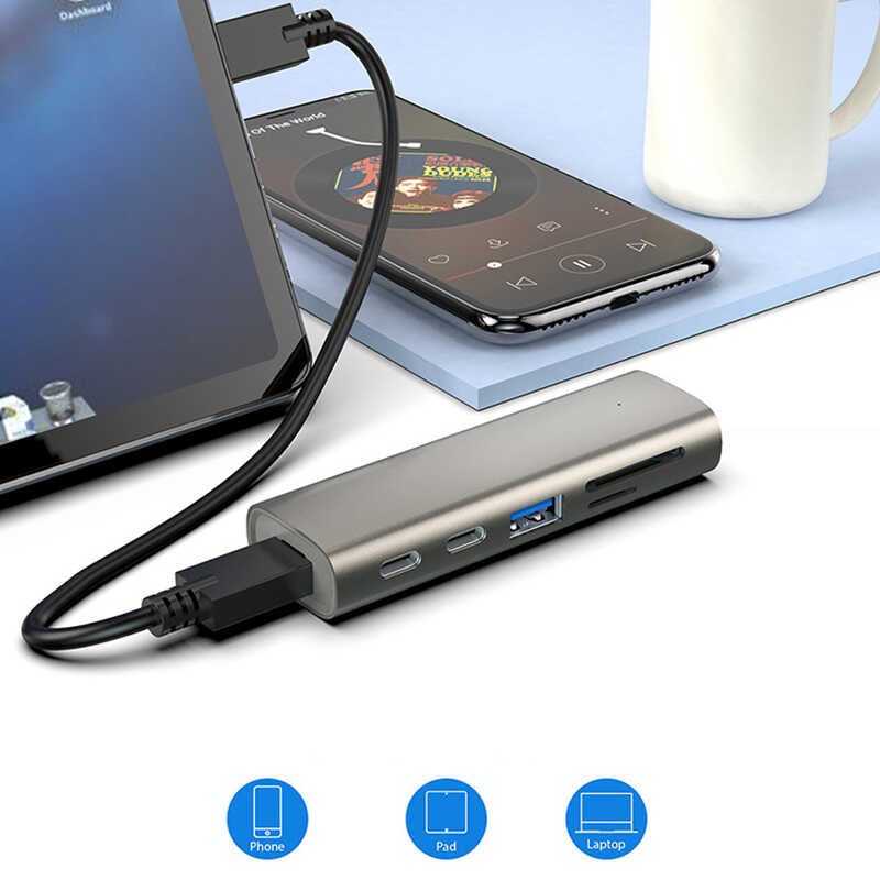 Qgeem QG-UH05 6 İn 1 Type-C Hub 22 Cm Gri
