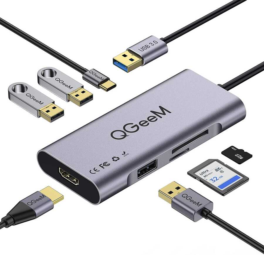 Qgeem QG-UH07-A Type-C Çoğaltıcı ve Dönüştürücü Hub Usb 3.0 HDMI 4K SD Kart 85W 5120Mbps Gri