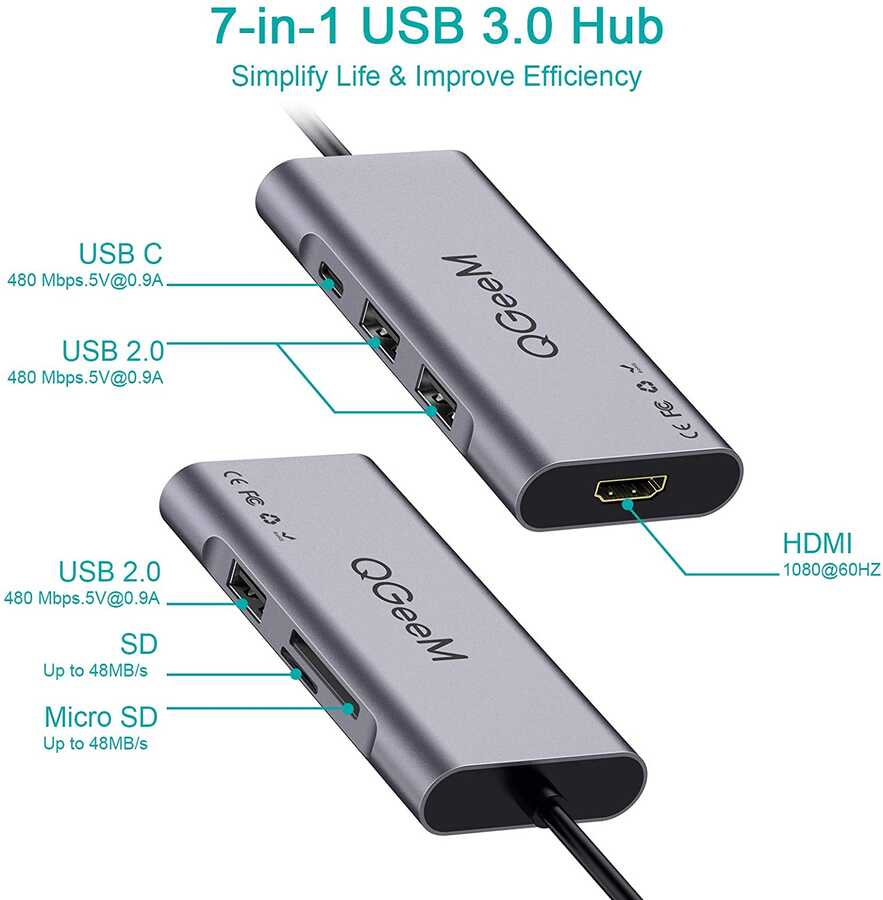 Qgeem QG-UH07-A Type-C Çoğaltıcı ve Dönüştürücü Hub Usb 3.0 HDMI 4K SD Kart 85W 5120Mbps Gri