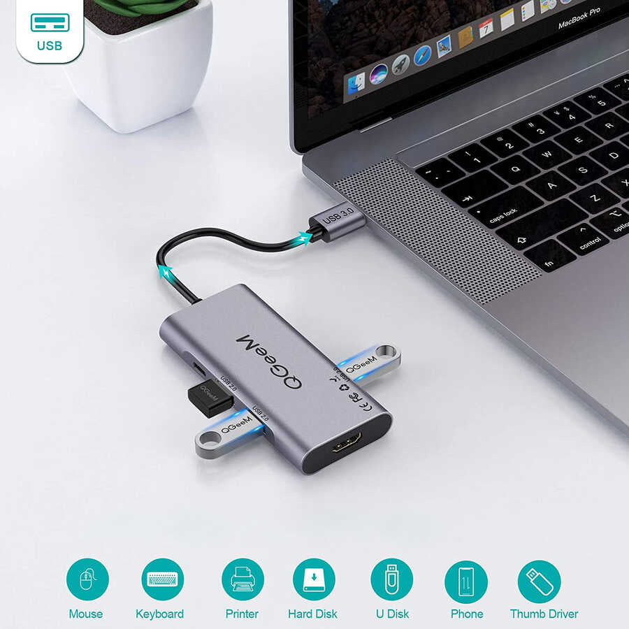 Qgeem QG-UH07-A Type-C Çoğaltıcı ve Dönüştürücü Hub Usb 3.0 HDMI 4K SD Kart 85W 5120Mbps Gri