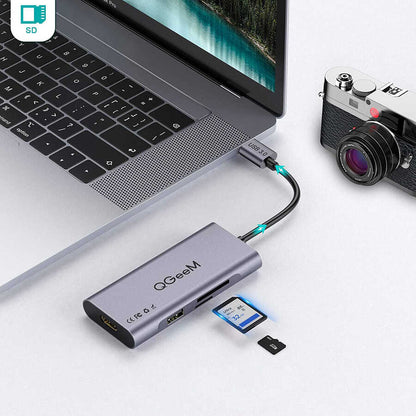 Qgeem QG-UH07-A Type-C Çoğaltıcı ve Dönüştürücü Hub Usb 3.0 HDMI 4K SD Kart 85W 5120Mbps Gri