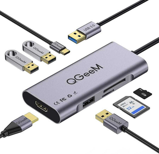 Qgeem QG-UH07-A Type-C Çoğaltıcı ve Dönüştürücü Hub Usb 3.0 HDMI 4K SD Kart 85W 5120Mbps Gri