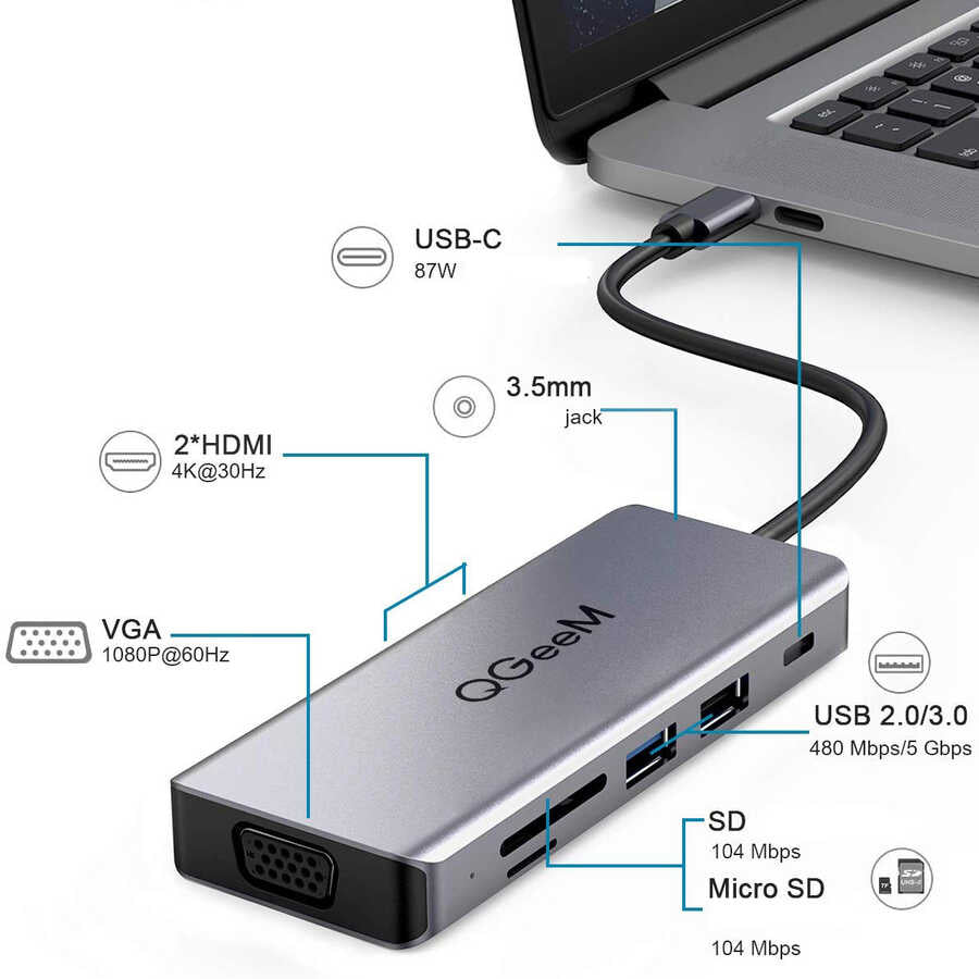 Qgeem QG-UH09 9 in 1 Usb Hub Gri