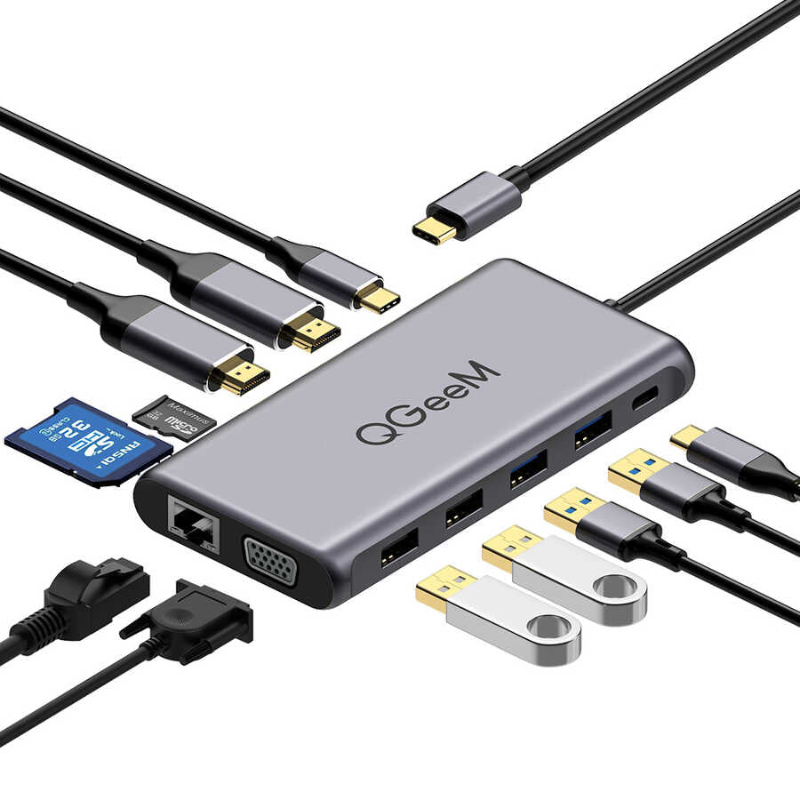 Qgeem QG-UH12-V 12 in 1 Usb Hub Gri