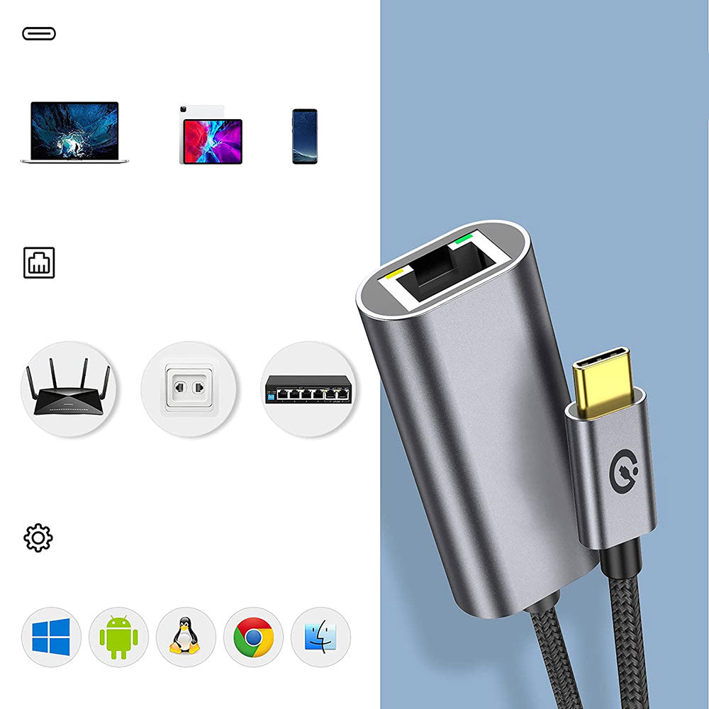 Qgeem QG04 Type-C to RJ45 Ethernet Dönüştürücü Kablo 1024Mbps 22cm Gri