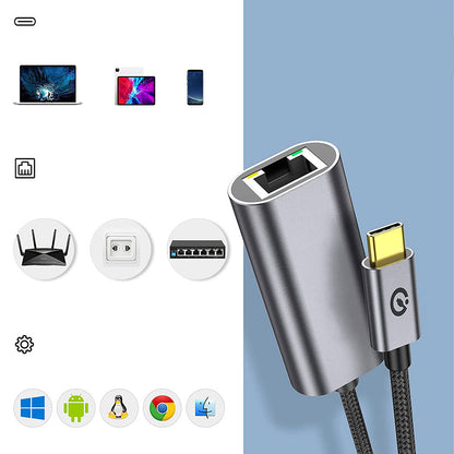 Qgeem QG04 Type-C to RJ45 Ethernet Dönüştürücü Kablo 1024Mbps 22cm Gri