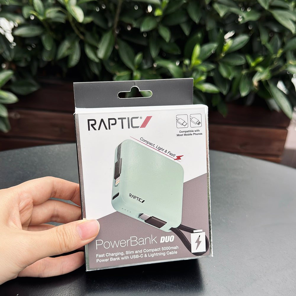 Raptic Lightning ve Type-C Kablolu Dijital LED Göstergeli Askılı Powerbank 5000mAh Kompakt ve Taşınabilir Tasarım Yeşil