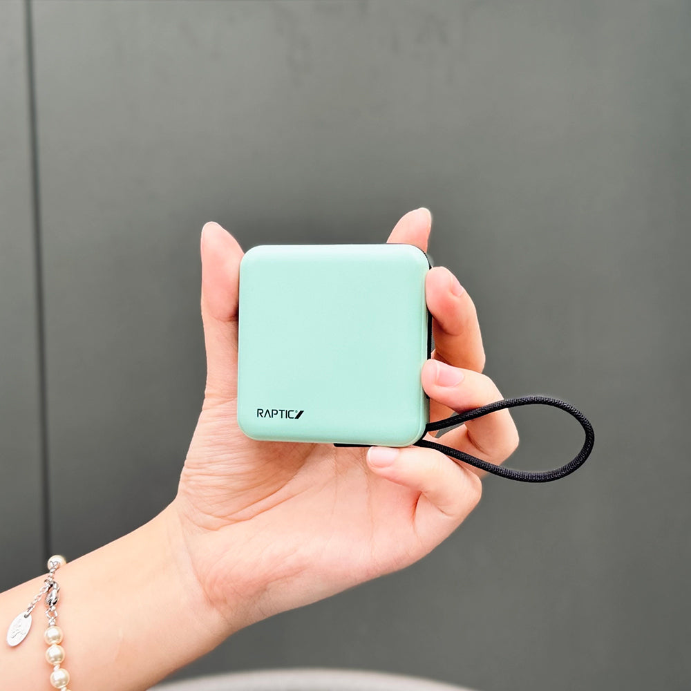 Raptic Lightning ve Type-C Kablolu Dijital LED Göstergeli Askılı Powerbank 5000mAh Kompakt ve Taşınabilir Tasarım Pembe