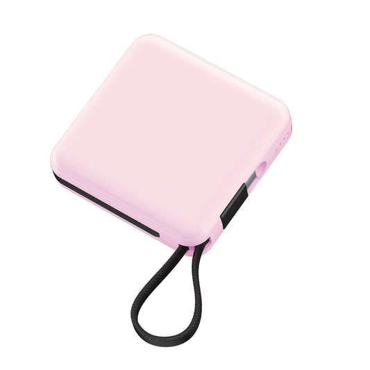 Raptic Lightning ve Type-C Kablolu Dijital LED Göstergeli Askılı Powerbank 5000mAh Kompakt ve Taşınabilir Tasarım Pembe