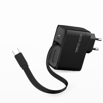 Recci RC102E GaN Teknolojili Hızlı Şarj Başlığı USB-A to Type-C PD 40W Type-C Kablolu Şarj Seti Siyah