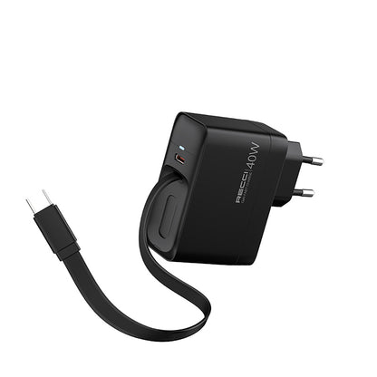 Recci RC102E GaN Teknolojili Hızlı Şarj Başlığı USB-A to Type-C PD 40W Type-C Kablolu Şarj Seti Siyah