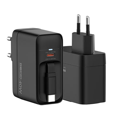 Recci RC102E GaN Teknolojili Hızlı Şarj Başlığı USB-A to Type-C PD 40W Type-C Kablolu Şarj Seti Siyah
