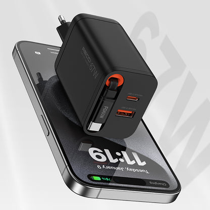 Recci RC103E GaN Teknolojili Hızlı Şarj Başlığı USB-A to Type-C PD 67W Type-C Kablolu Şarj Seti Siyah