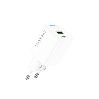 Recci RC107E Type-C PD & USB-A GaN Teknolojili Hızlı Şarj Başlığı 30W Beyaz