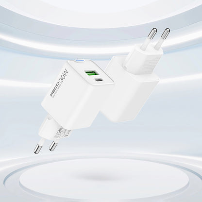 Recci RC107E Type-C PD & USB-A GaN Teknolojili Hızlı Şarj Başlığı 30W Beyaz