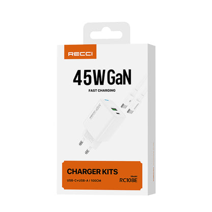 Recci RC108E GaN Teknolojili Hızlı Şarj Başlığı Type-C to Type-C PD 45W Kablolu Şarj Seti Beyaz