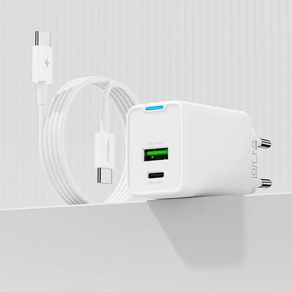 Recci RC108E GaN Teknolojili Hızlı Şarj Başlığı Type-C to Type-C PD 45W Kablolu Şarj Seti Beyaz