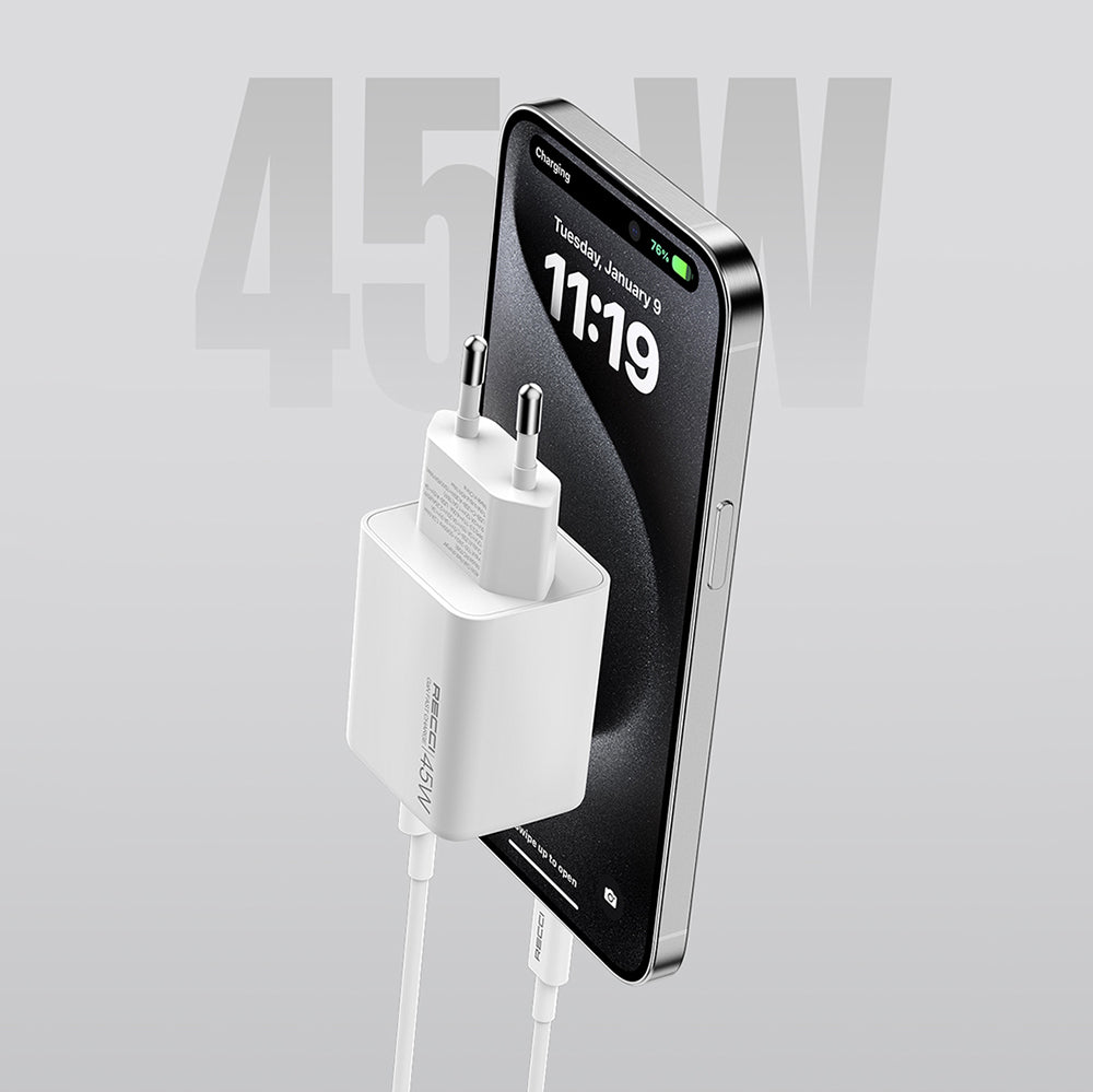 Recci RC108E GaN Teknolojili Hızlı Şarj Başlığı Type-C to Type-C PD 45W Kablolu Şarj Seti Beyaz
