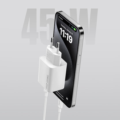 Recci RC108E GaN Teknolojili Hızlı Şarj Başlığı Type-C to Type-C PD 45W Kablolu Şarj Seti Beyaz