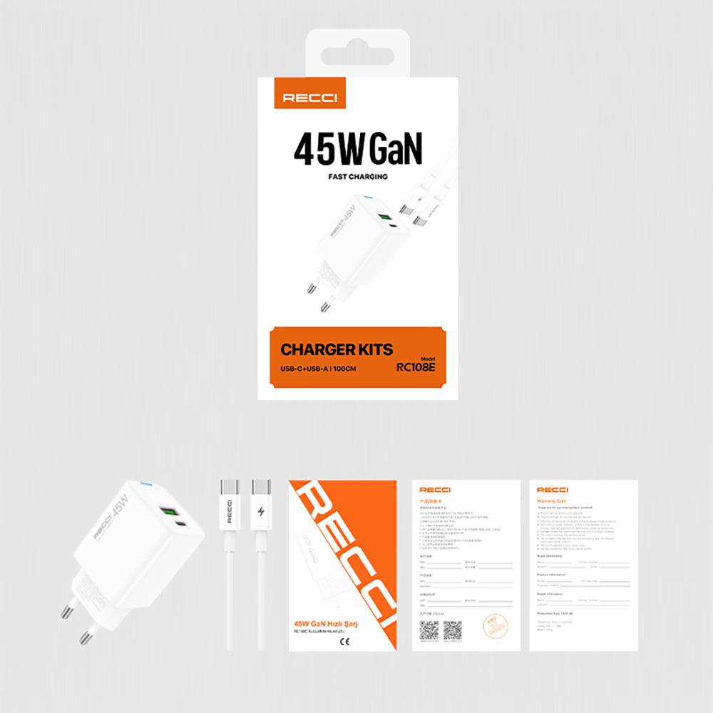 Recci RC108E GaN Teknolojili Hızlı Şarj Başlığı Type-C to Type-C PD 45W Kablolu Şarj Seti Beyaz