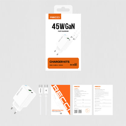 Recci RC108E GaN Teknolojili Hızlı Şarj Başlığı Type-C to Type-C PD 45W Kablolu Şarj Seti Beyaz