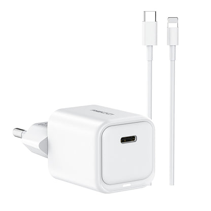 Recci RC65E Hızlı Şarj Başlığı Type-C to Lightning PD 20W Kablolu Şarj Seti Beyaz