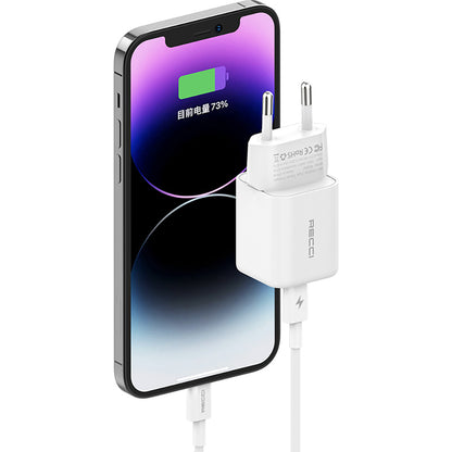 Recci RC65E Hızlı Şarj Başlığı Type-C to Lightning PD 20W Kablolu Şarj Seti Beyaz