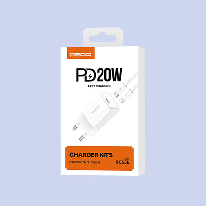 Recci RC65E Hızlı Şarj Başlığı Type-C to Lightning PD 20W Kablolu Şarj Seti Beyaz