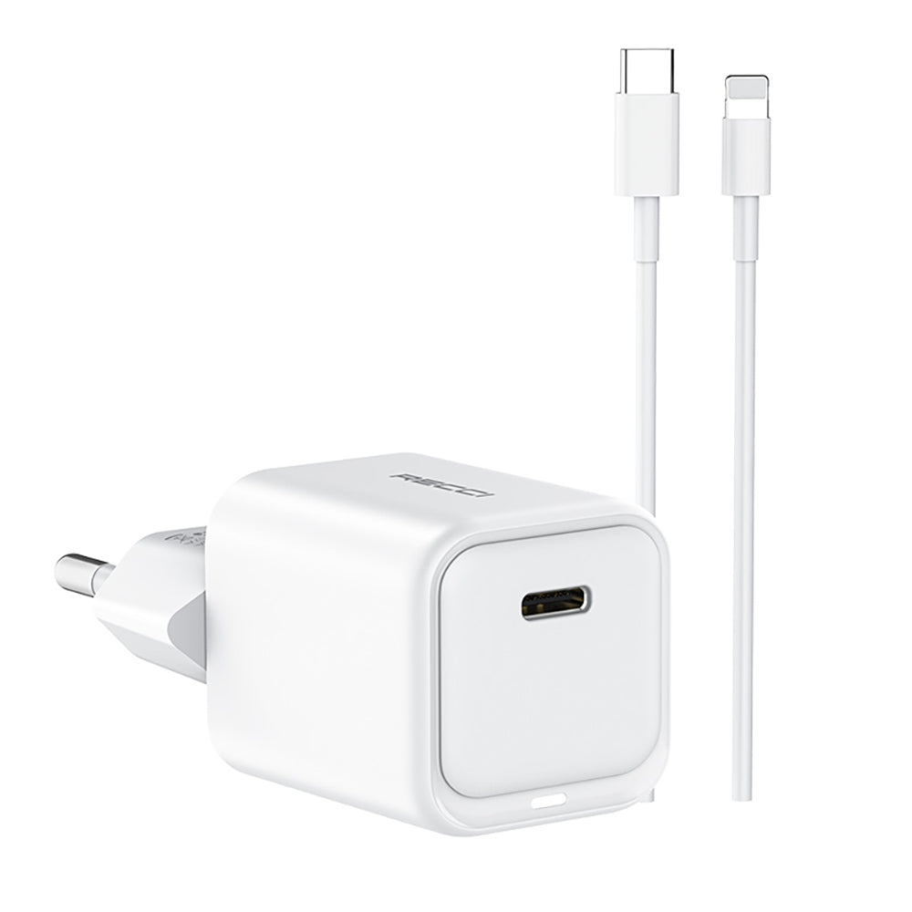 Recci RC65E Hızlı Şarj Başlığı Type-C to Lightning PD 20W Kablolu Şarj Seti Beyaz