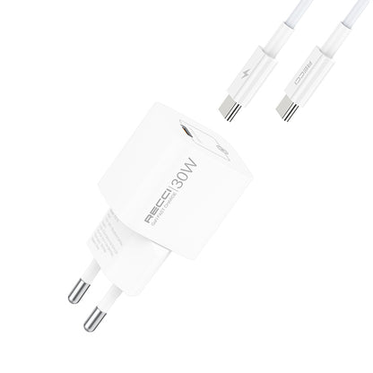 Recci RC77E GaN Teknolojili Hızlı Şarj Başlığı Type-C to Type-C PD 30W Kablolu Şarj Seti Beyaz