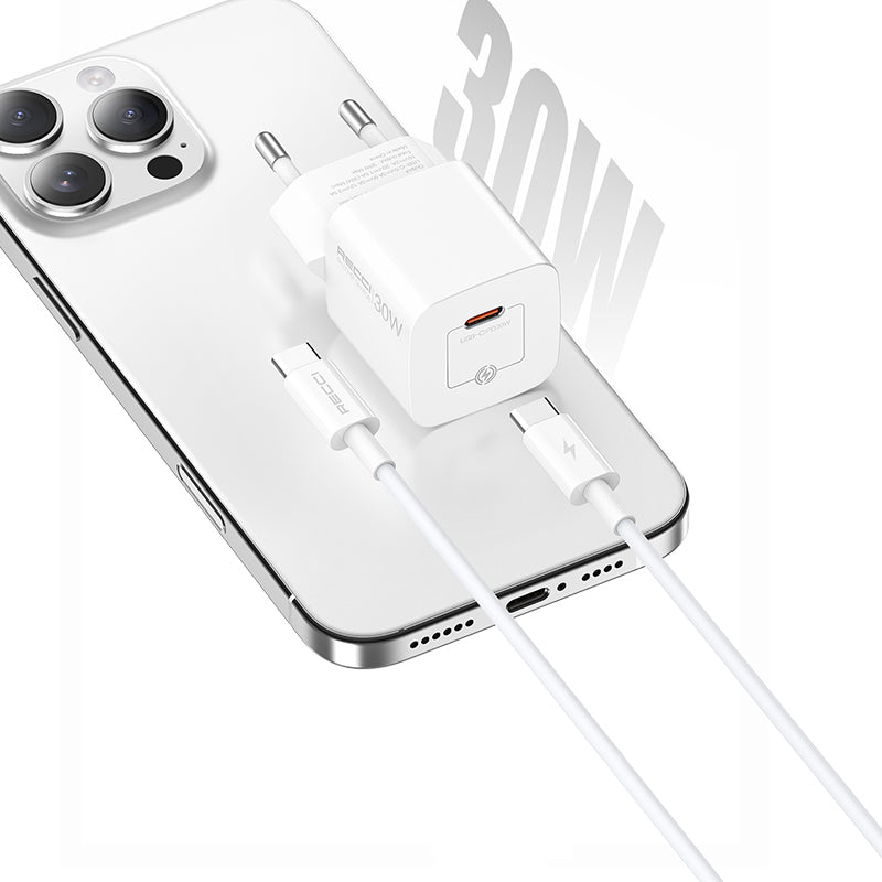 Recci RC77E GaN Teknolojili Hızlı Şarj Başlığı Type-C to Type-C PD 30W Kablolu Şarj Seti Beyaz