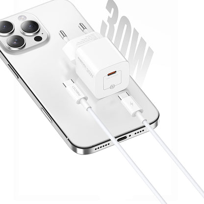 Recci RC77E GaN Teknolojili Hızlı Şarj Başlığı Type-C to Type-C PD 30W Kablolu Şarj Seti Beyaz
