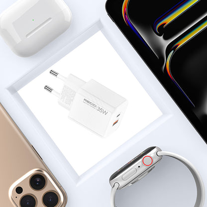 Recci RC83E Type-C PD & USB-A GaN Teknolojili QC3.0 Hızlı Şarj Başlığı 35W Beyaz