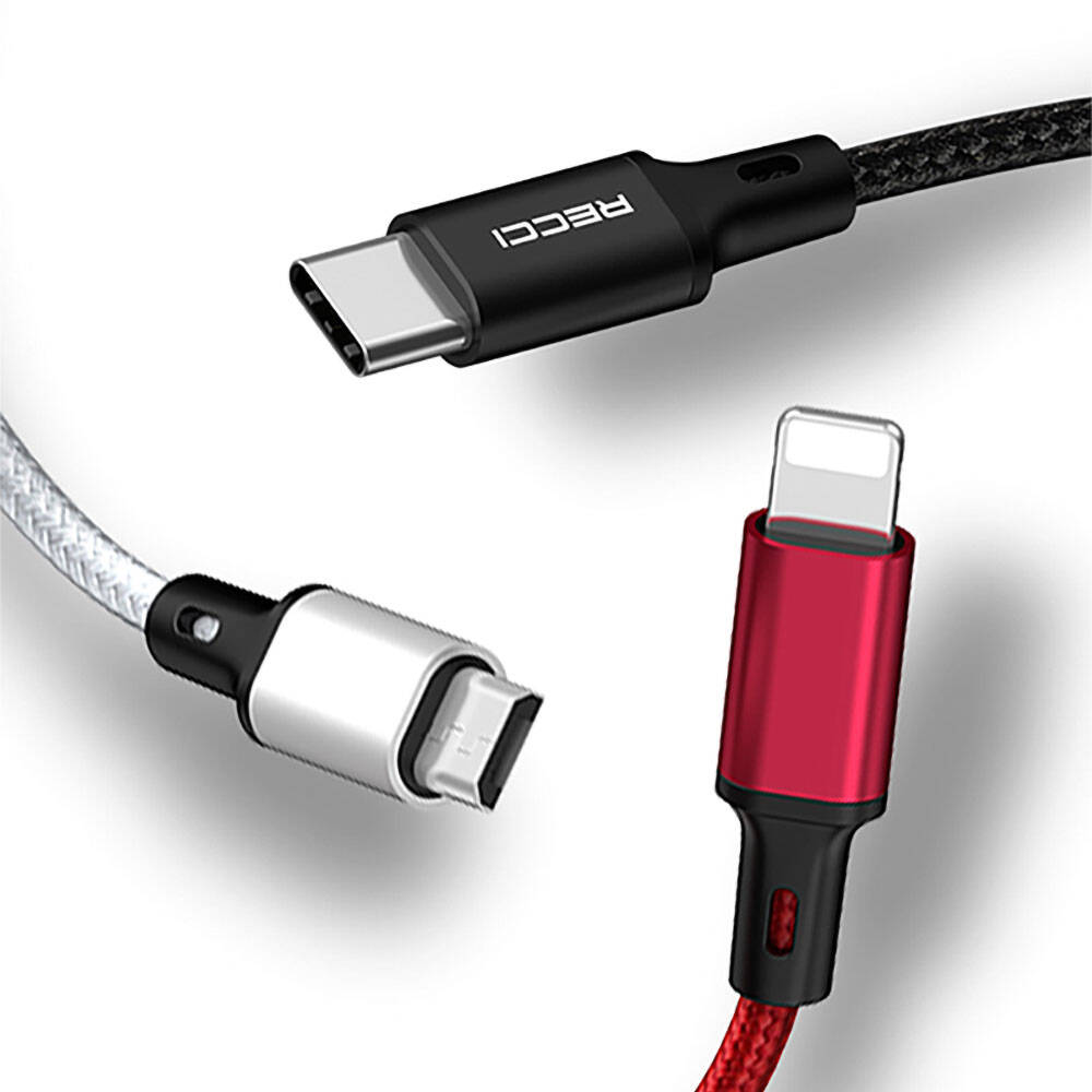 Recci RCS-D120 Fast Wind Serisi 3in1 USB-A to Lightning – Type-C – Micro Şarj ve Data Kablosu 1.2M Siyah